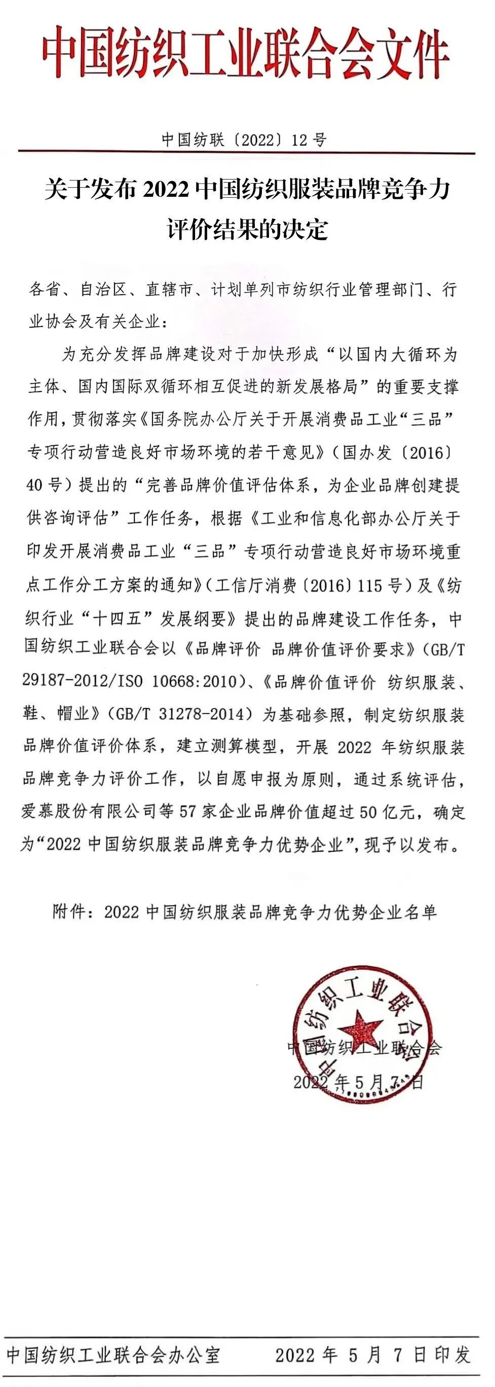 华孚时尚入选 “2022中国纺织服装品牌竞争力优势企业” 